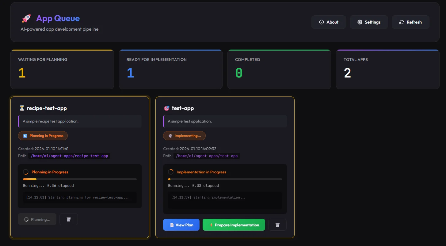 App Queue Dashboard showing apps being processed